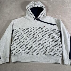 Tommy Hilfiger Sport Hoodie Women XL Gray Navy Pullover All Over Print Logo Flag